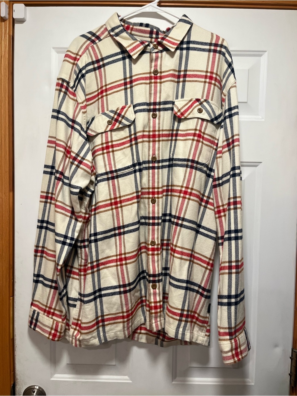 Patagonia Cream Plaid Button-Down with Red & Navy Stripes